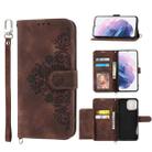 For Samsung Galaxy S21+ 5G Skin-feel Flowers Embossed Wallet Leather Phone Case(Brown) - 1