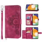 For Samsung Galaxy A53 Skin-feel Flowers Embossed Wallet Leather Phone Case(Wine Red) - 1