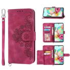 For Samsung Galaxy A03s 166 Skin-feel Flowers Embossed Wallet Leather Phone Case(Wine Red) - 1