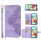 For Samsung Galaxy A03s 164 Skin-feel Flowers Embossed Wallet Leather Phone Case(Purple) - 1