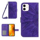 For iPhone 12 mini Skin Feel Sun Flower Pattern Flip Leather Phone Case with Lanyard(Dark Purple) - 1
