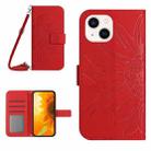 For iPhone 14 Skin Feel Sun Flower Pattern Flip Leather Phone Case with Lanyard(Red) - 1