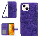 For iPhone 14 Plus Skin Feel Sun Flower Pattern Flip Leather Phone Case with Lanyard(Dark Purple) - 1