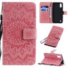 For Galaxy A01 Pressed Printing Sunflower Pattern Horizontal Flip PU Leather Case with Holder & Card Slots & Wallet & Lanyard(Pink) - 1