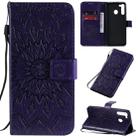 For Galaxy A21 Pressed Printing Sunflower Pattern Horizontal Flip PU Leather Case with Holder & Card Slots & Wallet & Lanyard(Purple) - 1