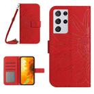 For Samsung Galaxy S21 Ultra 5G Skin Feel Sun Flower Pattern Flip Leather Phone Case with Lanyard(Red) - 1