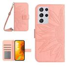 For Samsung Galaxy S21 Ultra 5G Skin Feel Sun Flower Pattern Flip Leather Phone Case with Lanyard(Pink) - 1