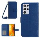 For Samsung Galaxy S21 Ultra 5G Skin Feel Sun Flower Pattern Flip Leather Phone Case with Lanyard(Dark Blue) - 1