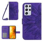 For Samsung Galaxy S21 Ultra 5G Skin Feel Sun Flower Pattern Flip Leather Phone Case with Lanyard(Dark Purple) - 1