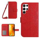 For Samsung Galaxy S22 Ultra 5G Skin Feel Sun Flower Pattern Flip Leather Phone Case with Lanyard(Red) - 1