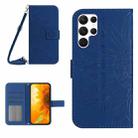 For Samsung Galaxy S22 Ultra 5G Skin Feel Sun Flower Pattern Flip Leather Phone Case with Lanyard(Dark Blue) - 1