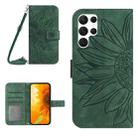 For Samsung Galaxy S22 Ultra 5G Skin Feel Sun Flower Pattern Flip Leather Phone Case with Lanyard(Green) - 1