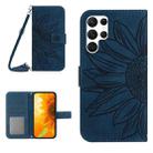 For Samsung Galaxy S22 Ultra 5G Skin Feel Sun Flower Pattern Flip Leather Phone Case with Lanyard(Inky Blue) - 1