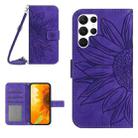For Samsung Galaxy S23 Ultra 5G Skin Feel Sun Flower Pattern Flip Leather Phone Case with Lanyard(Dark Purple) - 1