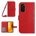 For Huawei P40 Skin Feel Sun Flower Pattern Flip Leather Phone Case with Lanyard(Red) - 1