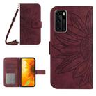 For Huawei P40 Skin Feel Sun Flower Pattern Flip Leather Phone Case with Lanyard(Wine Red) - 1