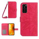For Huawei P40 Skin Feel Sun Flower Pattern Flip Leather Phone Case with Lanyard(Rose Red) - 1
