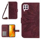 For Huawei P40 Lite Skin Feel Sun Flower Pattern Flip Leather Phone Case with Lanyard(Wine Red) - 1