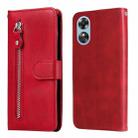 For OPPO A17 Calf Texture Zipper Leather Phone Case(Red) - 1