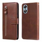For OPPO A17 Calf Texture Zipper Leather Phone Case(Brown) - 1