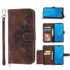 For Sharp Aquos R3 Skin-feel Flowers Embossed Wallet Leather Phone Case(Brown) - 1