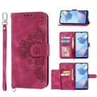 For Sharp Aquos sense 6/6s Skin-feel Flowers Embossed Wallet Leather Phone Case(Wine Red) - 1