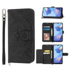 For Sharp Aquos sense 4 Skin-feel Flowers Embossed Wallet Leather Phone Case(Black) - 1