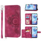 For Sharp Aquos sense 4 Skin-feel Flowers Embossed Wallet Leather Phone Case(Wine Red) - 1