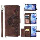 For Sharp Aquos sense 4 Skin-feel Flowers Embossed Wallet Leather Phone Case(Brown) - 1