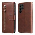 For Samsung Galaxy S23 Ultra 5G Calf Texture Zipper Leather Phone Case(Brown) - 1