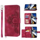 For Xiaomi Poco X4 Pro 5G Global Skin-feel Flowers Embossed Wallet Leather Phone Case(Wine Red) - 1