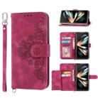 For Samsung Galaxy Z Fold4 Skin-feel Flowers Embossed Wallet Leather Phone Case(Wine Red) - 1