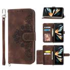 For Samsung Galaxy Z Fold4 Skin-feel Flowers Embossed Wallet Leather Phone Case(Brown) - 1