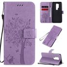 For OnePlus 8 Pro Tree & Cat Pattern Pressed Printing Horizontal Flip PU Leather Case with Holder & Card Slots & Wallet & Lanyard(Light Purple) - 1