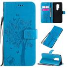 For OnePlus 8 Pro Tree & Cat Pattern Pressed Printing Horizontal Flip PU Leather Case with Holder & Card Slots & Wallet & Lanyard(Blue) - 1