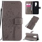 For OnePlus 8 Pro Tree & Cat Pattern Pressed Printing Horizontal Flip PU Leather Case with Holder & Card Slots & Wallet & Lanyard(Grey) - 1