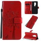 For OnePlus 8 Pro Tree & Cat Pattern Pressed Printing Horizontal Flip PU Leather Case with Holder & Card Slots & Wallet & Lanyard(Red) - 1