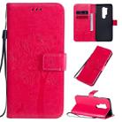 For OnePlus 8 Pro Tree & Cat Pattern Pressed Printing Horizontal Flip PU Leather Case with Holder & Card Slots & Wallet & Lanyard(Rose Red) - 1