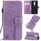 For OnePlus 8 Tree & Cat Pattern Pressed Printing Horizontal Flip PU Leather Case with Holder & Card Slots & Wallet & Lanyard(Light Purple) - 1