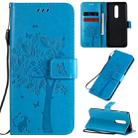 For OnePlus 8 Tree & Cat Pattern Pressed Printing Horizontal Flip PU Leather Case with Holder & Card Slots & Wallet & Lanyard(Blue) - 1