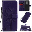 For OnePlus 8 Tree & Cat Pattern Pressed Printing Horizontal Flip PU Leather Case with Holder & Card Slots & Wallet & Lanyard(Purple) - 1