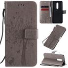 For OnePlus 8 Tree & Cat Pattern Pressed Printing Horizontal Flip PU Leather Case with Holder & Card Slots & Wallet & Lanyard(Grey) - 1