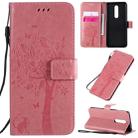 For OnePlus 8 Tree & Cat Pattern Pressed Printing Horizontal Flip PU Leather Case with Holder & Card Slots & Wallet & Lanyard(Pink) - 1
