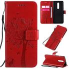 For OnePlus 8 Tree & Cat Pattern Pressed Printing Horizontal Flip PU Leather Case with Holder & Card Slots & Wallet & Lanyard(Red) - 1