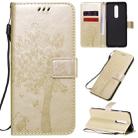 For OnePlus 8 Tree & Cat Pattern Pressed Printing Horizontal Flip PU Leather Case with Holder & Card Slots & Wallet & Lanyard(Gold) - 1