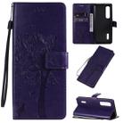 For OPPO Find X2 Pro Tree & Cat Pattern Pressed Printing Horizontal Flip PU Leather Case with Holder & Card Slots & Wallet & Lanyard(Purple) - 1