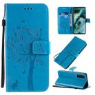 For OPPO Find X2 Tree & Cat Pattern Pressed Printing Horizontal Flip PU Leather Case with Holder & Card Slots & Wallet & Lanyard(Blue) - 1