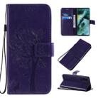 For OPPO Find X2 Tree & Cat Pattern Pressed Printing Horizontal Flip PU Leather Case with Holder & Card Slots & Wallet & Lanyard(Purple) - 1