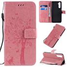 For OPPO Realme 6 Pro Tree & Cat Pattern Pressed Printing Horizontal Flip PU Leather Case with Holder & Card Slots & Wallet & Lanyard(Pink) - 1