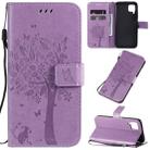 For Huawei P40 Lite / nova 6 SE Tree & Cat Pattern Pressed Printing Horizontal Flip PU Leather Case with Holder & Card Slots & Wallet & Lanyard(Light Purple) - 1